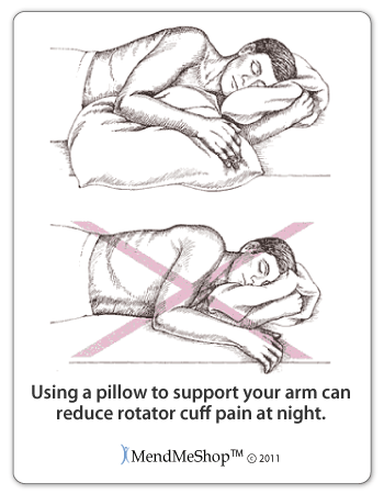 Supporting your arm with a pillow while youleep can take some pressure off your rotator cuff and reduce pain.
